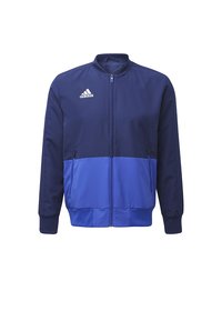 Marineblaues und blaugraues Sportjackett mit Reißverschluss, gerippten Bündchen und Kragen. Verfügt über seitliche Reißverschlusstaschen und das Adidas-Logo auf der Brust.