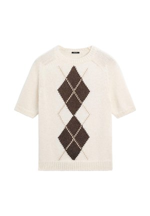 Kremowy krótki sweter z dzianiny z dużym, brązowym wzorem argyle w centralnej części oraz prążkowanym dekoltem, mankietami i dołem.