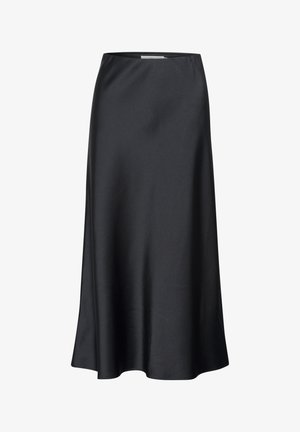 Melnas midi svārki, izgatavoti no gludas auduma, ar plūstošu siluetu un smalku spīdumu. Iezīmējas ar vienkāršu, viendabīgu krāsas dizainu.