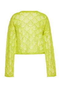 Gehäkelter, verkürzter Sweater in leuchtendem Limettengrün. Mit langen Ärmeln und einem Spitzenmuster mit Rautenformen, leicht und aus offener Maschenstruktur.