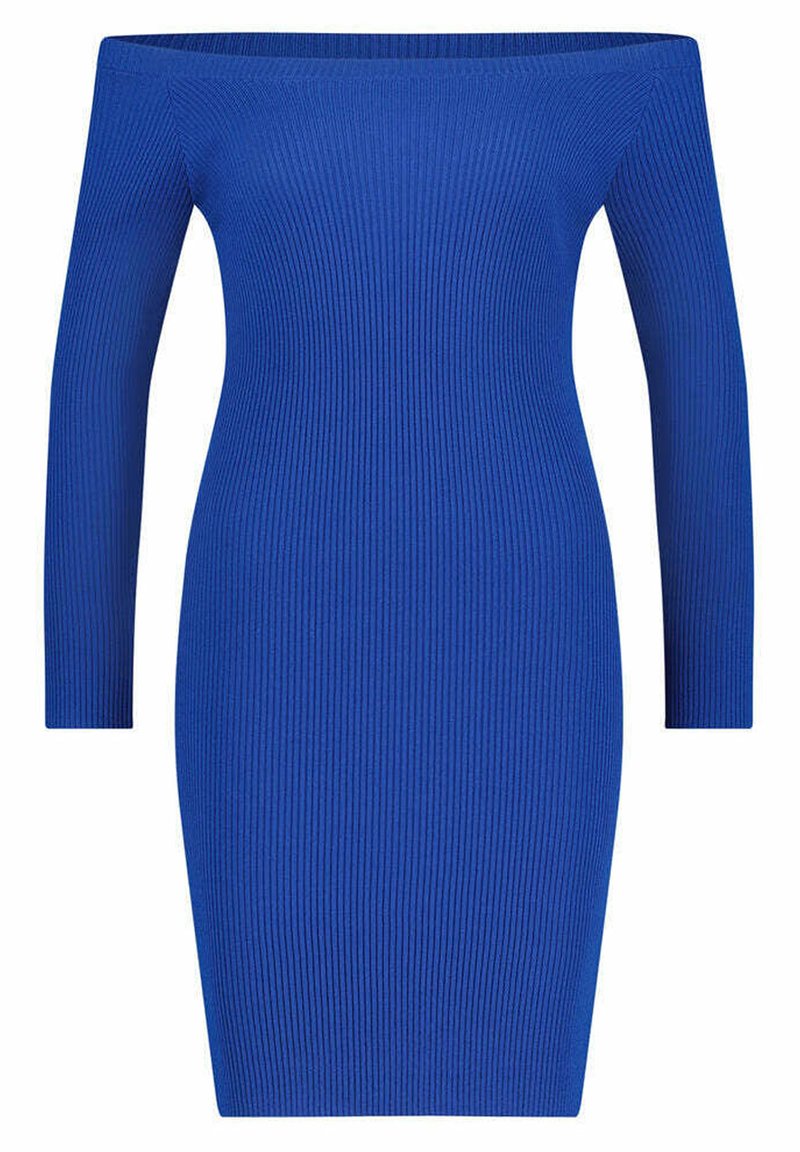 Geribbelde off-shoulder jurk in levendig blauw, getailleerde silhouette, midden boven de dijen lengte, lange mouwen. Gladde textuur met verticaal ribbelpatroon.