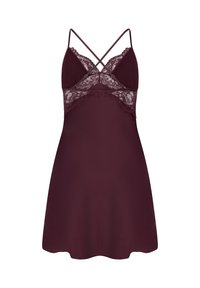 Burgunderfarbenes Spitzen-Cami-Kleid mit verstellbaren, gekreuzten Spaghettiträgern, einem durchsichtigen Spitzenoberteil und einem sanft fließenden Rock. Weicher Stoff, zarte Details.