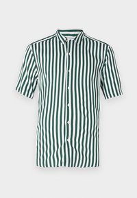 Košile s krátkým rukávem na knoflíky, se zelenými a bílými vertikálními pruhy. Vyrobena z hladké látky, má klasický límec a knoflíky vpředu.