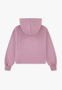 Sweat à capuche court rose avec une texture douce, comportant une capuche, des poignets élastiques et un design simple, fabriqué à partir d'un mélange de tissus confortable.