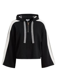 Sweat à capuche court noir avec des manches larges, des bandes blanches sur les bras, des cordons gris et une courte fermeture éclair sur le col avant.