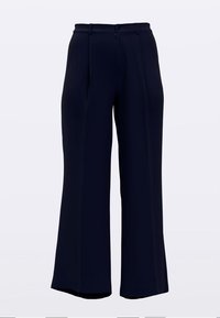 Sötétkék, széles szárú nadrág sima anyagból. Gombos záródással, elülső hajtásokkal, letisztult, egyszerű kialakítással.