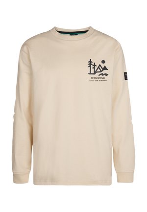 T-shirt en coton à manches longues crème, avec un graphique de montagne noire et du texte, dotée d'un col et de poignets côtelés.