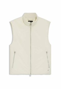 Gilet senza maniche in morbido tessuto crema chiaro, caratterizzato da un alto colletto, chiusura frontale con zip e due tasche laterali con zip per un tocco di stile.