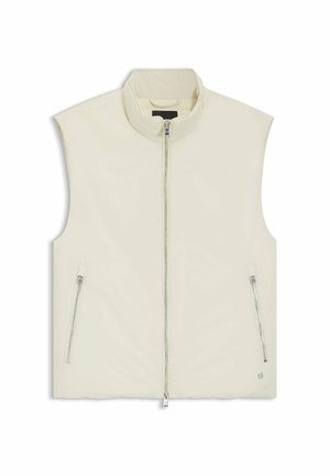 Sleeveless vest in light cream fabric, featuring a high collar, front zipper closure, and two side zip pockets for added detail.