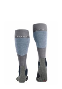 Kousen tot aan de knie gemaakt van gemengde stoffen; kenmerken een mix van blauw en grijs met geribbelde boorden en gewatteerde zolen. Duidelijk zichtbaar merklogo.