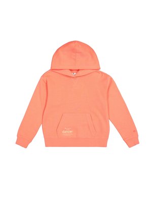 Hoodie corail avec une poche kangourou, capuche à cordon de serrage et poignets côtelés. Présente un texte imprimé "danseur" sur le devant. Matériau en mélange de coton doux.