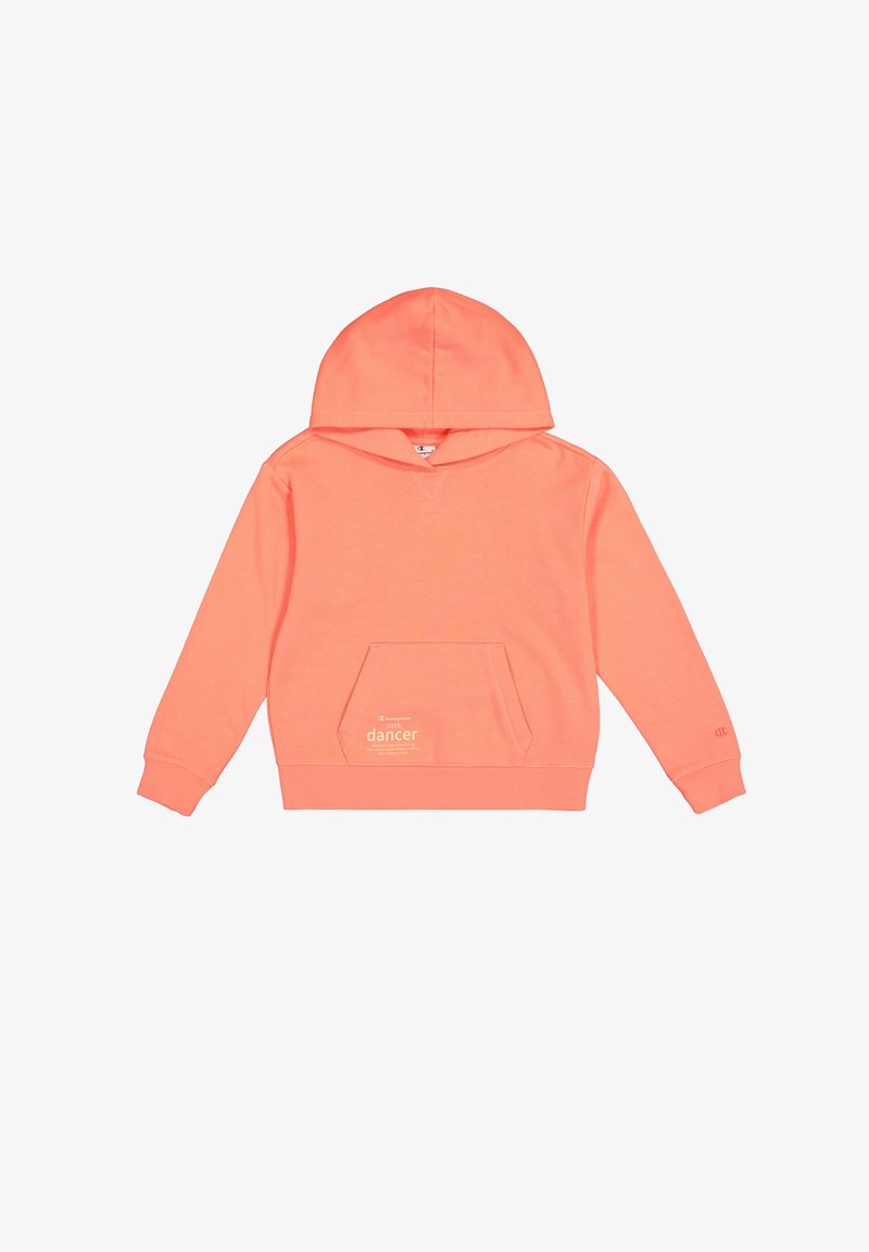Felpa corallo con tasca a marsupio, cappuccio con cordino e polsini a coste. Presenta una scritta "danzatore" stampata sul davanti. Realizzata in morbido materiale misto cotone.