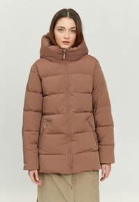 Brown puffer jacket with a hood, featuring a zip front, two side pockets, and a quilted design. Fabric appears smooth with minimal texture.