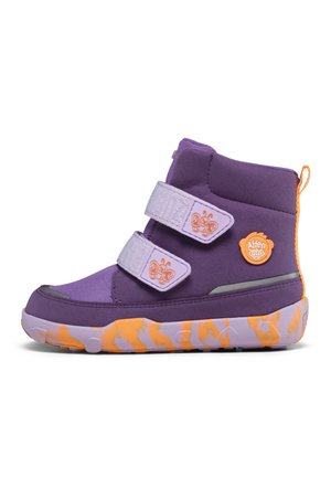 Purple high-top children's shoe with two lavender butterfly-embellished straps, orange and lavender patterned sole, and orange pull tab at heel.