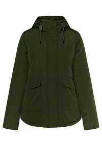 Chaqueta aislante de color verde oliva con capucha, dos bolsillos frontales, cremallera en el pecho y cordones ajustables en la capucha y en los puños.