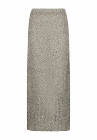 Stickad midiklänning med en mjuk grå textur och en subtil lyster, designad med en figurnära midja och en rak silhuett.