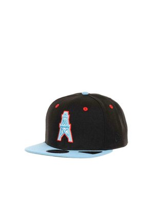 Black snapback cap with a light blue brim, featuring an embroidered red and blue logo design on the front and contrasting red eyelets.