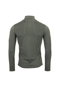 Chemise ajustée à manches longues de couleur vert olive foncé. Texture lisse avec des coutures contrastantes claires. Col montant sans fermetures.