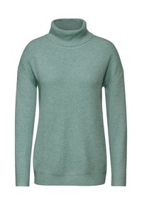 Light teal turtleneck sweater made from textured knit fabric, featuring a relaxed fit, ribbed cuffs, and a vertical pattern design.