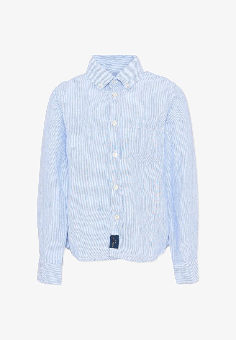 Camicia azzurro chiaro a maniche lunghe con bottoni, sottili righe verticali, colletto con bottoni, taschino al petto e etichetta del marchio blu navy all'orlo.