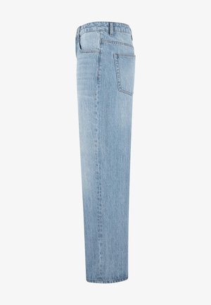 Jeans in denim blu chiaro a gamba dritta con vita alta e tasca posteriore visibile, mostrati di lato su uno sfondo bianco.