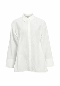 Chemise blanche à manches longues, avec un motif de rayures verticales texturé. Fabriquée en tissu léger avec un col classique.