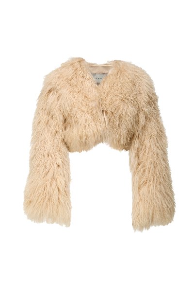 Faux fur cropped jacket in beige. Features fluffy texture, long sleeves, and a round neckline. Closure is a tied bow at the front.