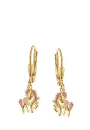 Gold earrings with unicorn charms featuring pink and purple enamel details, designed with lever-back clasps for secure wear.
