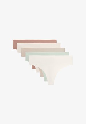 Six paires de tangas pour femmes de couleurs variées : rose clair, beige, blanc et vert clair, tous avec une texture de tissu lisse.