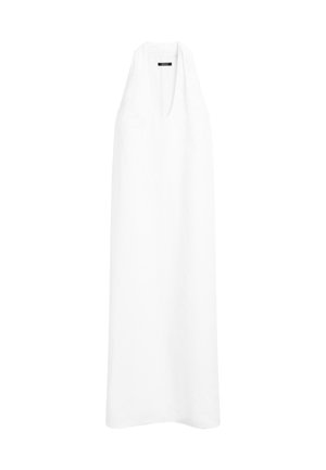 Long, sleeveless white dress with a deep V-neck, hanging straight down with no visible embellishments or patterns. Simple and elegant design.