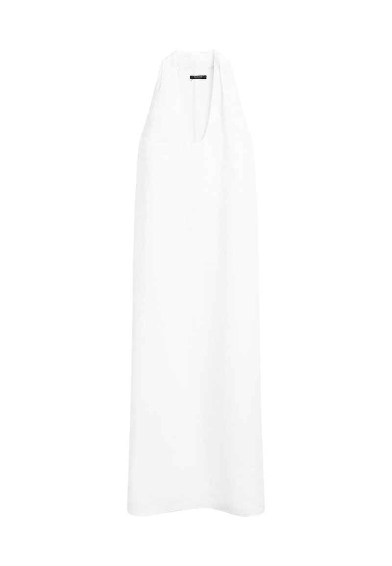 Lange, mouwloze witte jurk met een diepe V-hals, die recht naar beneden hangt zonder zichtbare versieringen of patronen. Eenvoudig en elegant ontwerp.