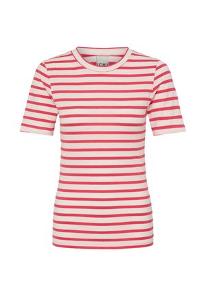 Striped t-shirt in cream with red horizontal stripes, round neckline, short sleeves, and a slim fit. Soft, lightweight fabric.