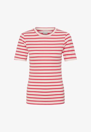 Striped t-shirt in cream with red horizontal stripes, round neckline, short sleeves, and a slim fit. Soft, lightweight fabric.