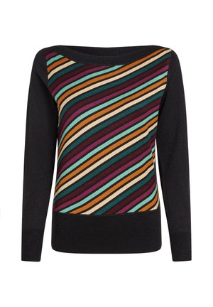 Jersey negro con un patrón de rayas diagonales en naranja, burdeos, verde azulado y crema, con mangas largas y un escote ancho.