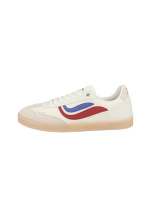 White sneakers with red and blue wave accents, featuring a textured rubber sole, lace-up design, and perforated detailing on the sides.