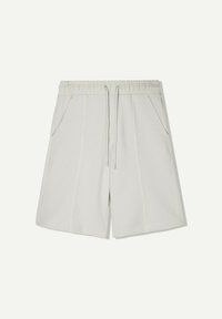 Light grey athletic shorts made from soft fabric, featuring an elastic waistband, drawstring, and two side pockets. Clear stitching accents.