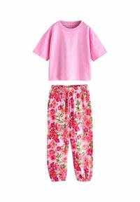 Set includes a short-sleeve pink cotton t-shirt and matching pants with a floral print in shades of pink and green, featuring elastic cuffs.