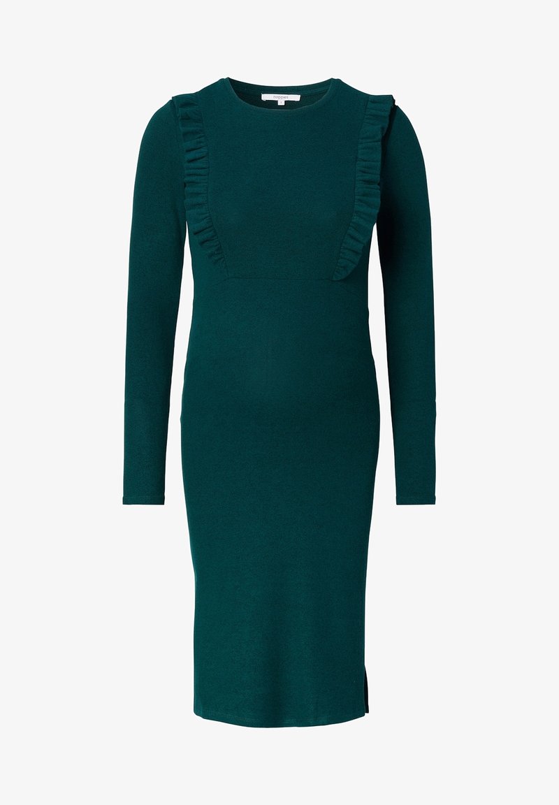 Robe vert foncé à manches longues, longueur genou, col rond et détails de volants verticaux des épaules à la poitrine.