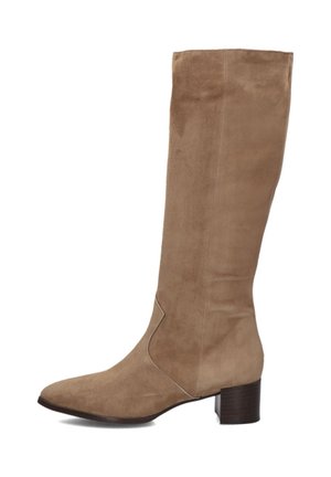 Bottes en daim taupe hauteur genou avec un bout pointu, des détails de couture minimalistes et un talon empilé pour le soutien. Texture lisse tout au long.