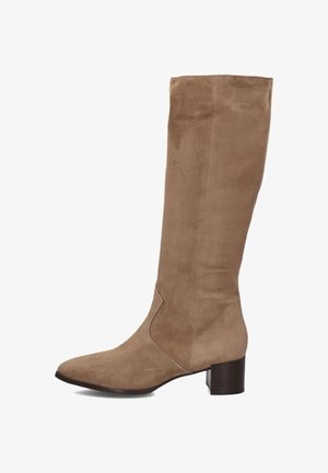 Knee-high taupe suede boots with a pointed toe, minimal stitching detail, and a stacked heel for support. Smooth texture throughout.
