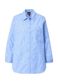Camicia azzurra chiaro con maniche lunghe, caratterizzata da ricami floreali bianchi sparsi e una singola tasca sul petto. Tessuto dal tocco morbido.