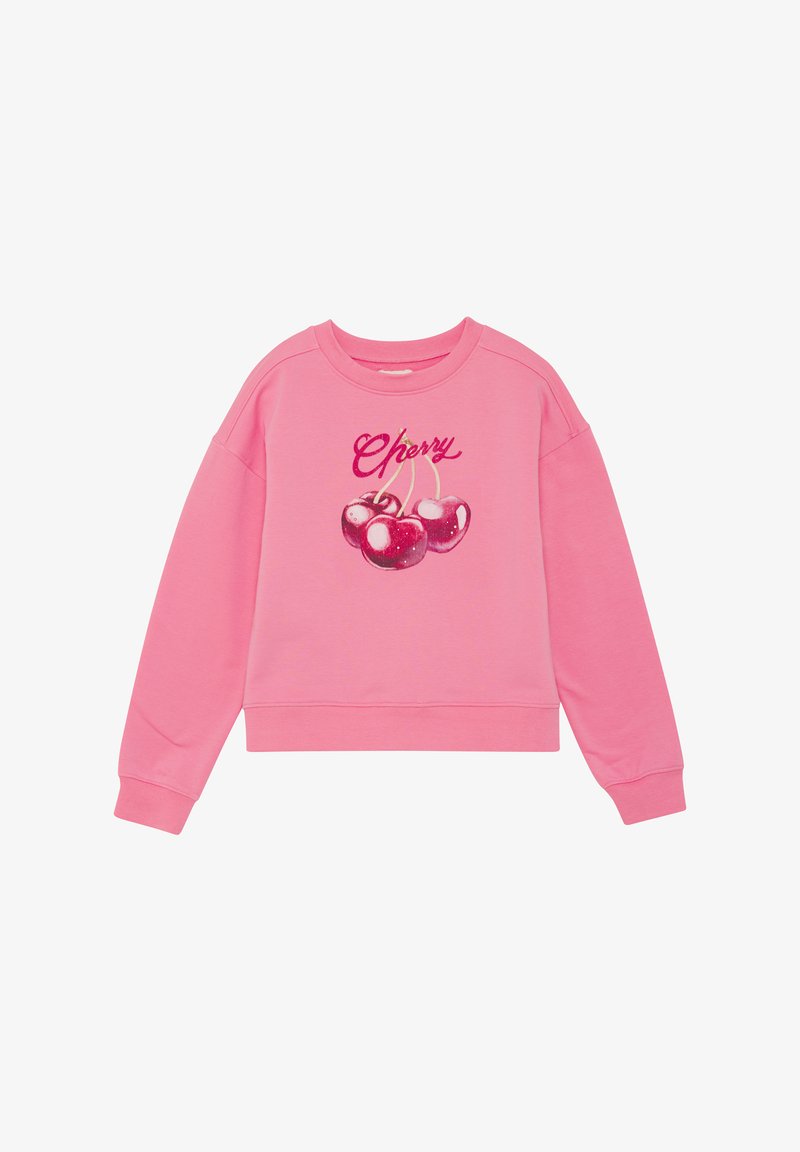 Sweat-shirt rose à col rond et manches longues, avec un motif de cerises et le mot "Cherry" en police stylisée.