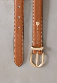 Brown leather belt with a textured finish, featuring gold-tone metal buckle and stitching details, including five holes for adjustment.
