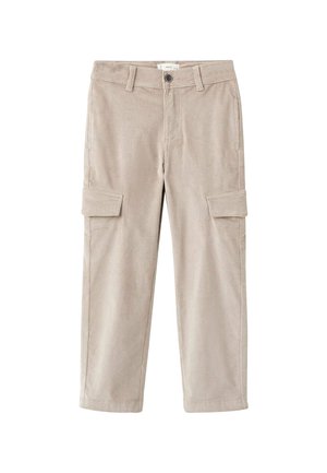 Pantalons cargo en velours côtelé beige à jambe droite, avec quatre poches et une fermeture à bouton à la taille. Texture de velours côtelé bien visible.