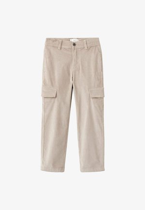Beige corduroy cargobroek met rechte pijpen, voorzien van vier zakken en een knoopsluiting bij de taille. Opvallende ribbelstructuur.