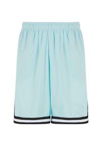 Shorts de sport bleu clair avec une taille élastique et des accents rayés noirs et blancs au niveau de l'ourlet. Fabriqués en tissu en maille respirant.
