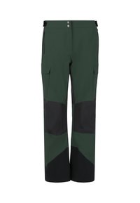 Grüne und schwarze wasserdichte Hose mit lockerem Schnitt, ausgestattet mit Cargo-Taschen, einem Reißverschluss, zwei Druckknöpfen und verstärkten Kniebereichen.