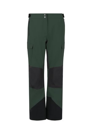 Grüne und schwarze wasserdichte Hose mit lockerem Schnitt, ausgestattet mit Cargo-Taschen, einem Reißverschluss, zwei Druckknöpfen und verstärkten Kniebereichen.