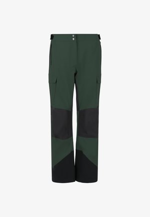 Groene en zwarte waterdichte broek met een losse pasvorm, voorzien van cargozakken, een rits, twee drukknoopjes en versterkte knieën.