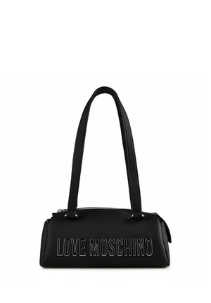 Sac à main rectangulaire noir avec deux fines poignées et le texte "LOVE MOSCHINO" imprimé à l'avant en lettres capitales grasses.